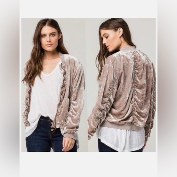 Free People Crushed Velvet Jacket Bomber Jacket Ruched Beige Tan Taupe XS - Picture 1 of 16
